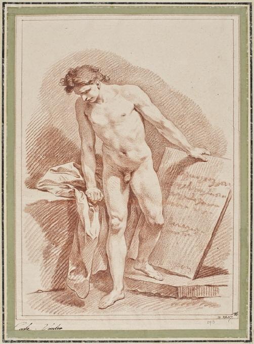Wikioo.org - The Encyclopedia of Fine Arts - Painting, Artwork by Charles-André Van Loo (Carle Van Loo) - Naked Man Standing and Holding a Stone Tablet