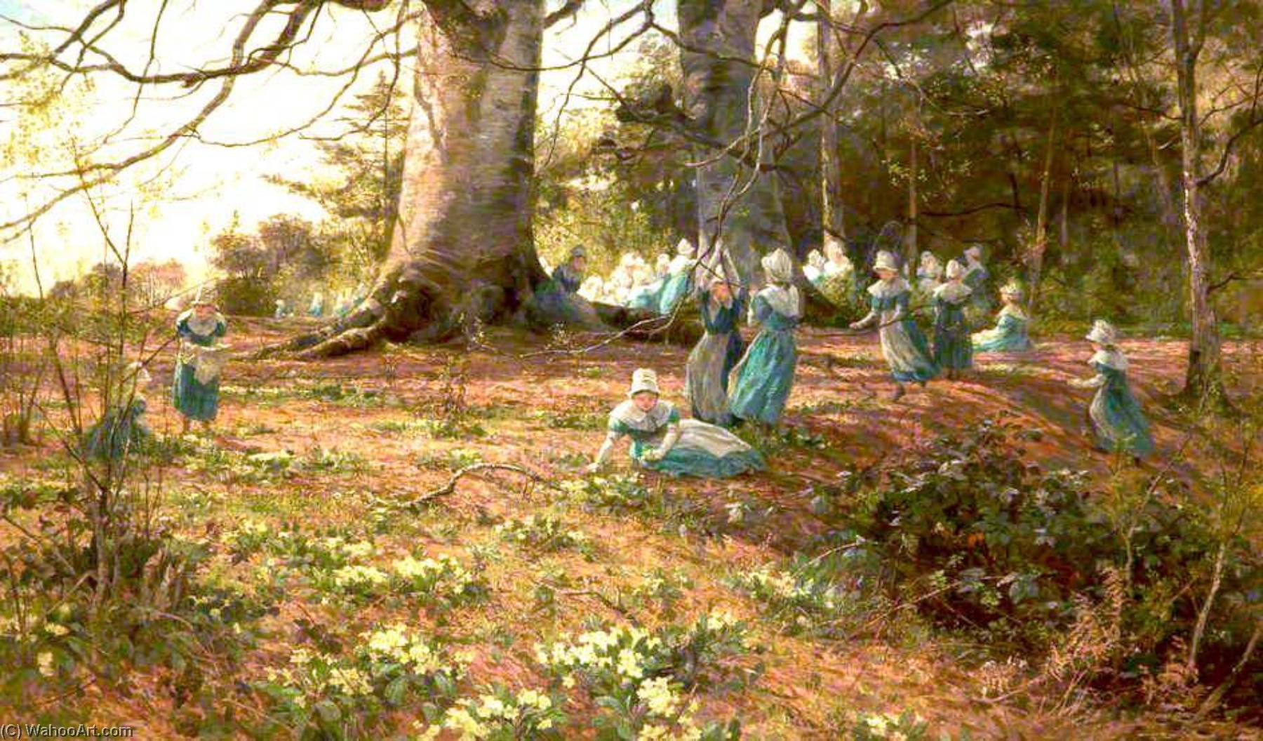 Wikioo.org - The Encyclopedia of Fine Arts - Painting, Artwork by James Aumonier - An Easter Holiday, the Children of Bloomsbury Parochial School in a Wood at Watford