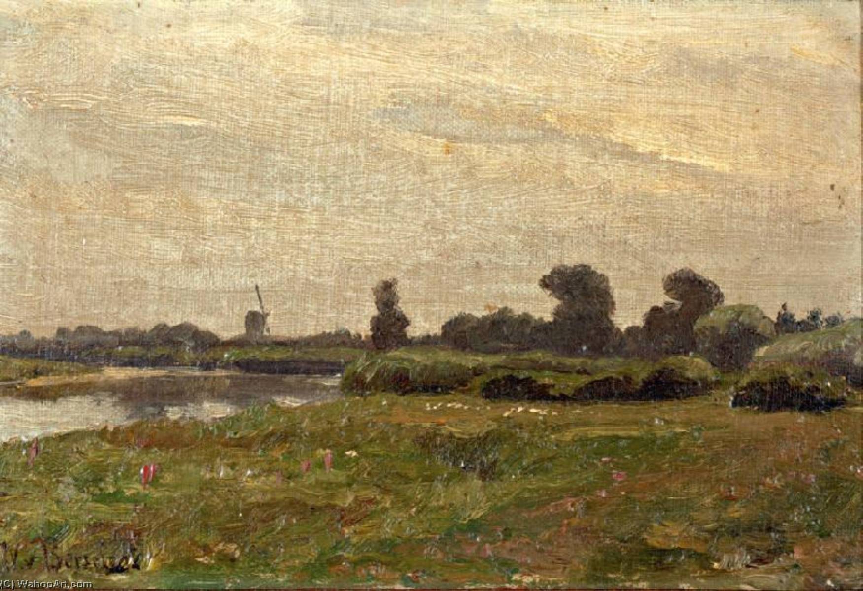 Wikioo.org - The Encyclopedia of Fine Arts - Painting, Artwork by Jan Willem Van Borselen - Landscape with windmill in the distance