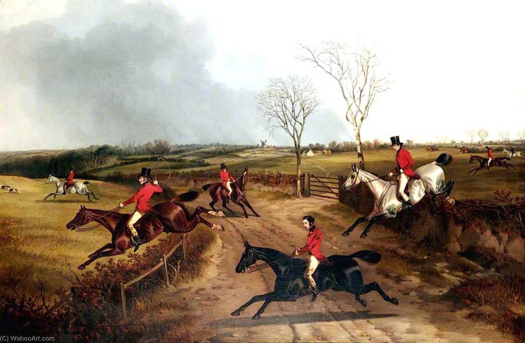 Wikioo.org - The Encyclopedia of Fine Arts - Painting, Artwork by John Dalby - The Lane Members of a Hunt Jumping the Fences by a Lane