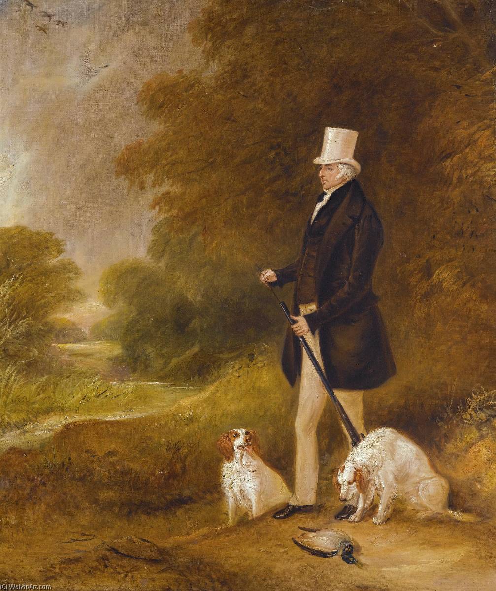Wikioo.org - The Encyclopedia of Fine Arts - Painting, Artwork by John Ferneley Ii - Portrait of Sir William Mordaunt Sturt Milner, 4th Bt. (1779 1855) with two Clumber spaniels out shooting