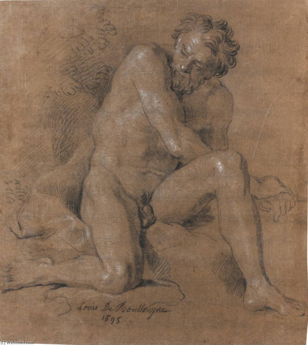 Wikioo.org - The Encyclopedia of Fine Arts - Painting, Artwork by Louis The Younger Boullogne - Male Nude on his Right Knee, his Left Leg Raised