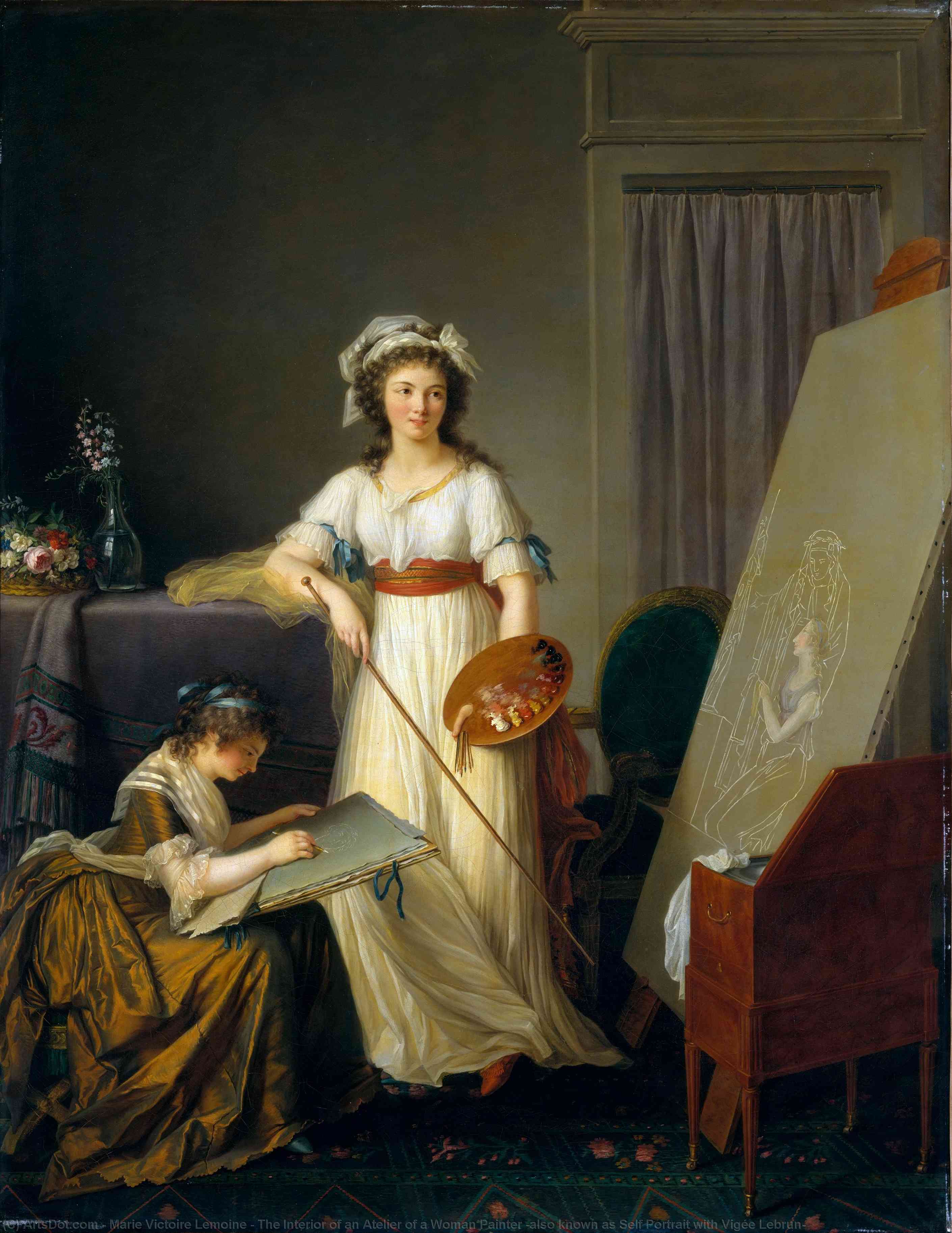 Wikioo.org - The Encyclopedia of Fine Arts - Painting, Artwork by Marie Victoire Lemoine - The Interior of an Atelier of a Woman Painter (also known as Self Portrait with Vigée Lebrun)