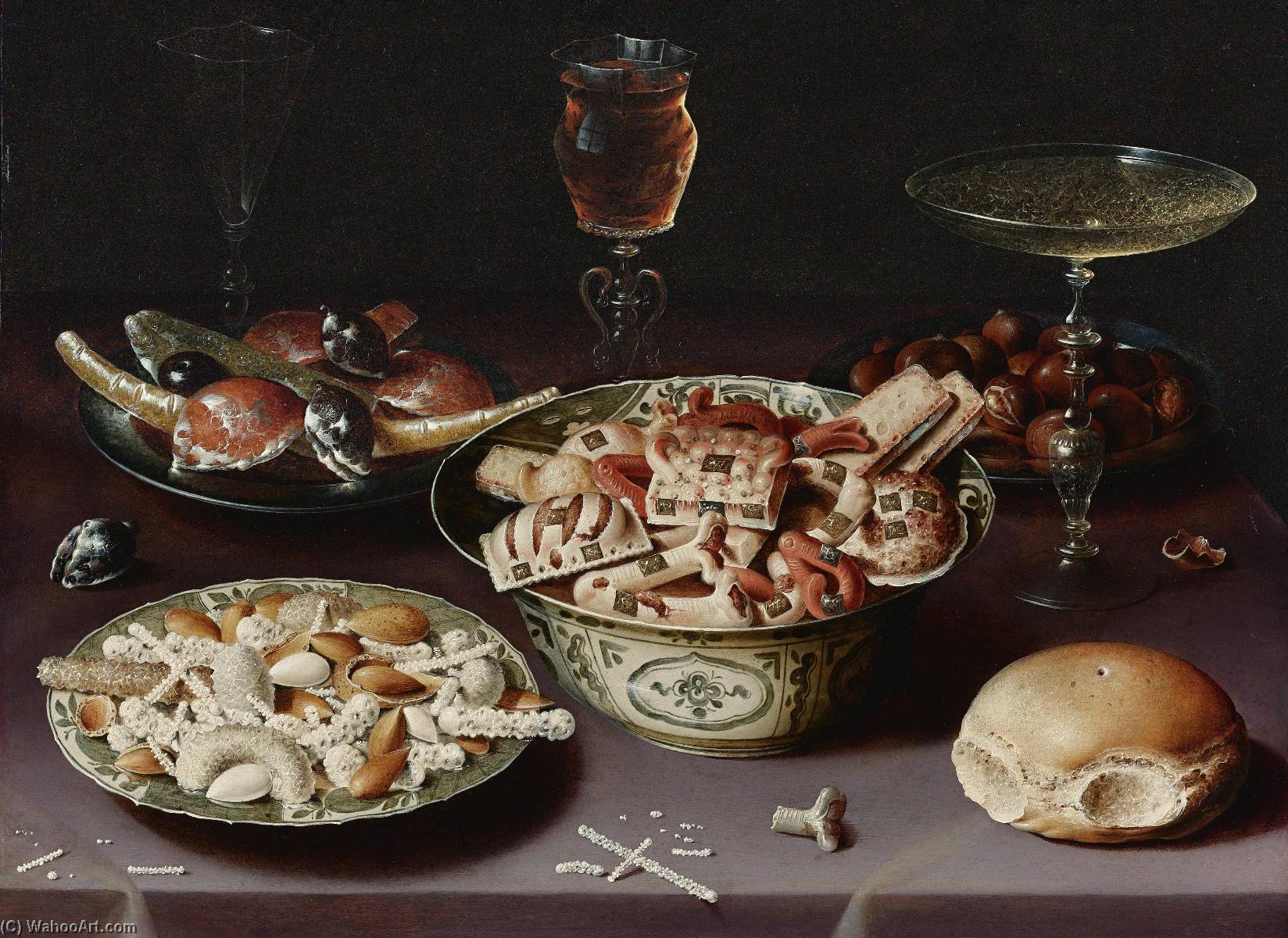 Wikioo.org - The Encyclopedia of Fine Arts - Painting, Artwork by Osias Beert The Elder - a still life of porcelain vessels containing sweets, pewter plates bearing sweets and chestnuts, three pieces of glassware and a bread roll on a table draped with a mauve cloth
