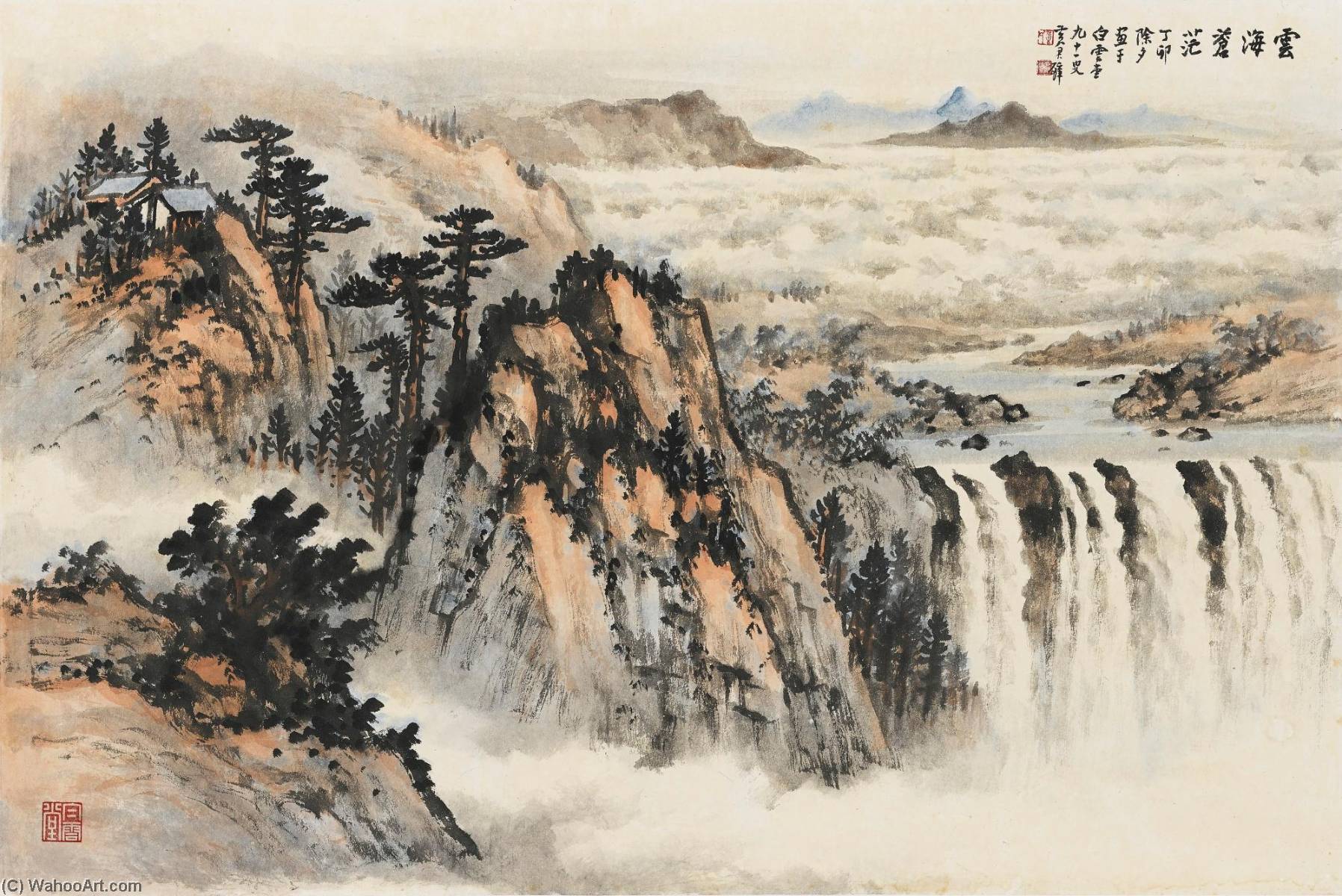 WikiOO.org – 美術百科全書 - 繪畫，作品 Huang Junbi - 多云 山  和  瀑布