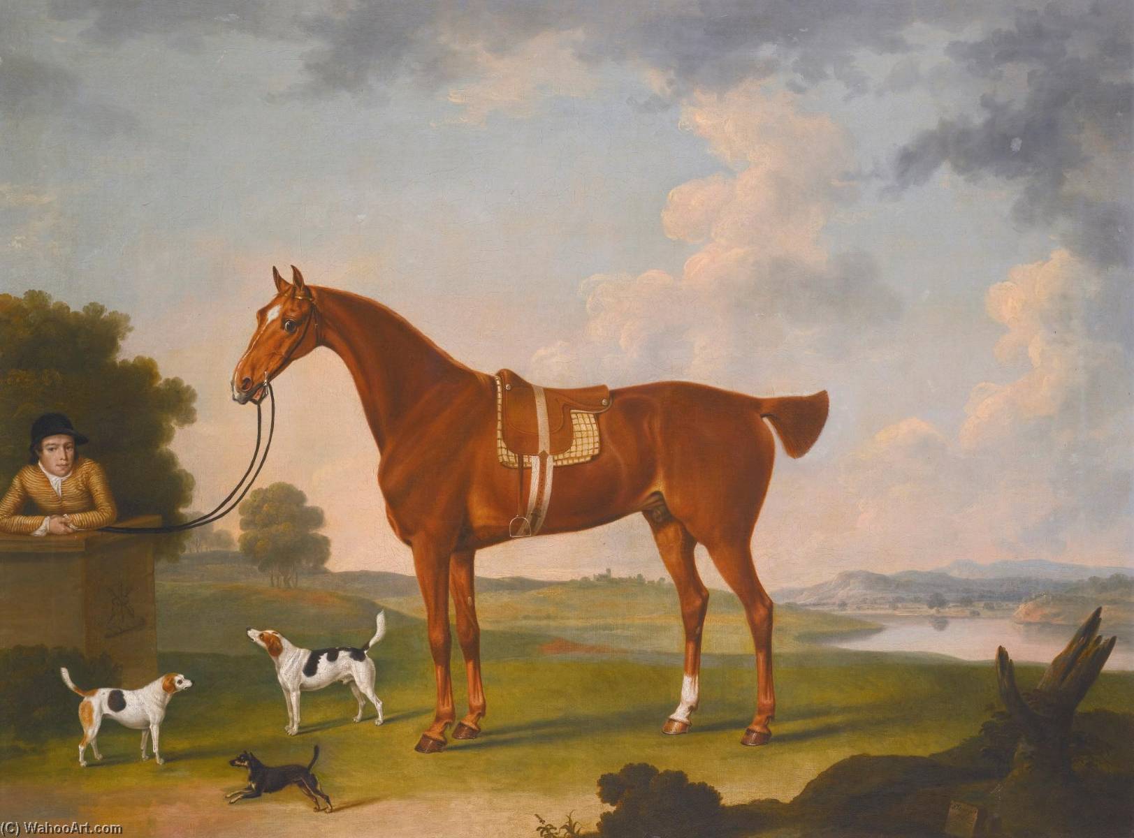 Wikioo.org - The Encyclopedia of Fine Arts - Painting, Artwork by Thomas Stringer - Thomas Egerton's chestnut hunter with a groom and two hounds and a terrier in a river landscape
