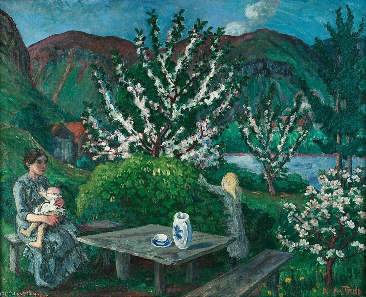 Wikioo.org - The Encyclopedia of Fine Arts - Painting, Artwork by Nikolai Astrup - Mother and Child(ren ) by the Garden Table
