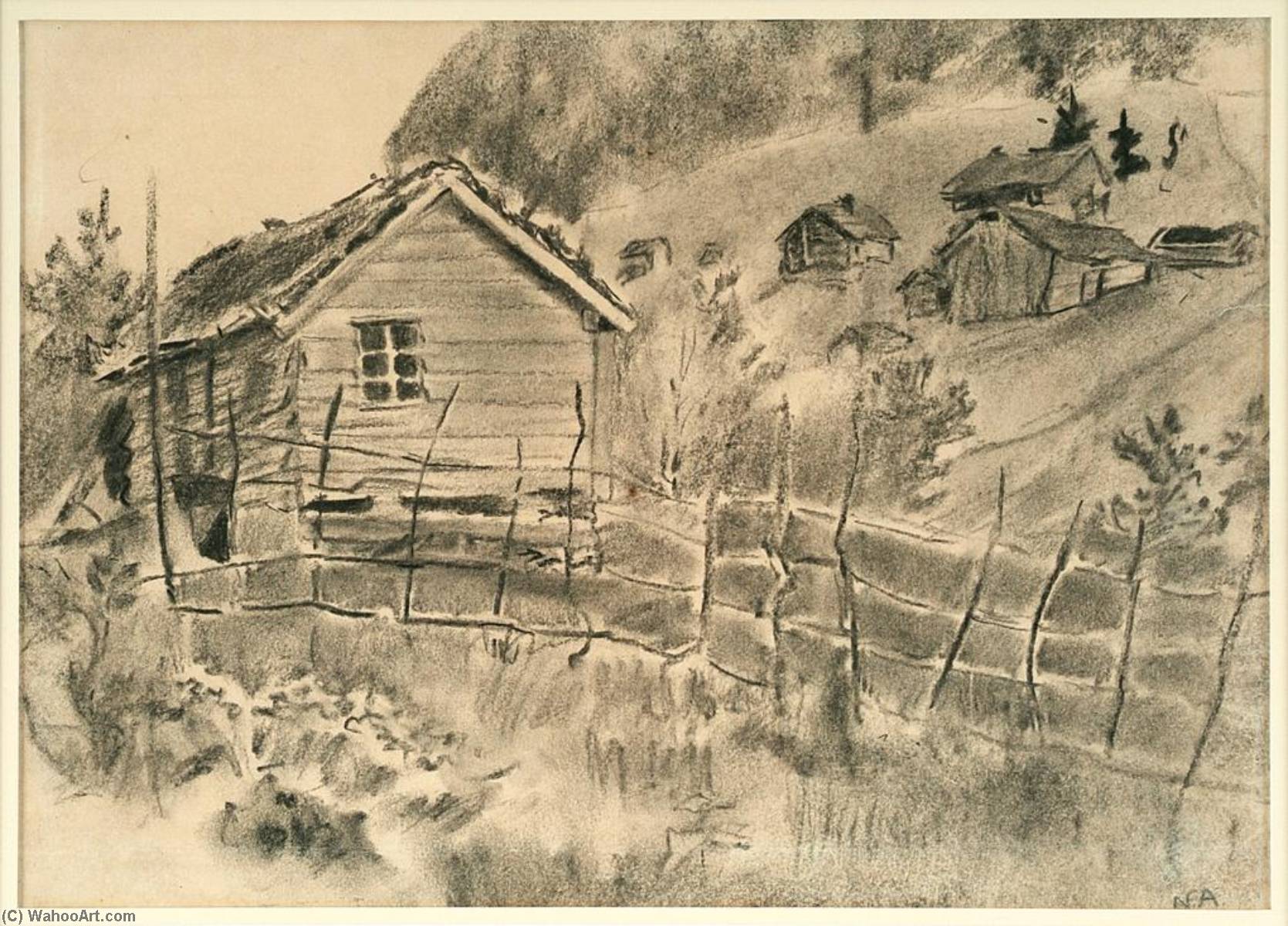 Wikioo.org - The Encyclopedia of Fine Arts - Painting, Artwork by Nikolai Astrup - Landscape with Hay Rack and House