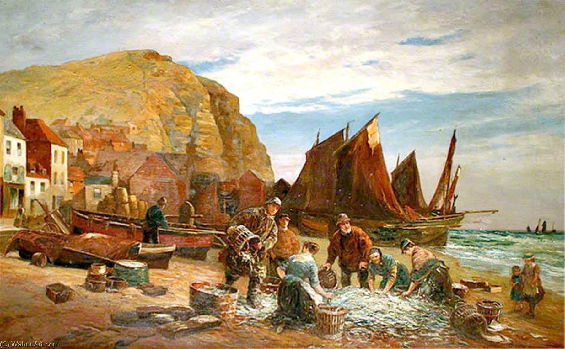 Wikioo.org - The Encyclopedia of Fine Arts - Painting, Artwork by William Henry Borrow - Fishermen on the Stade, Hastings, East Sussex