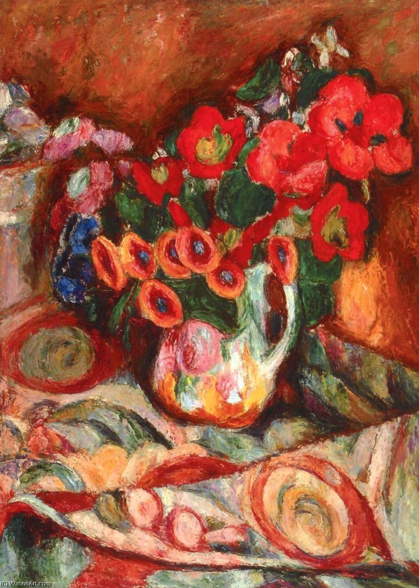 Wikioo.org - The Encyclopedia of Fine Arts - Painting, Artwork by Abraham Manievich - Flowers on a Patterned Tablecloth