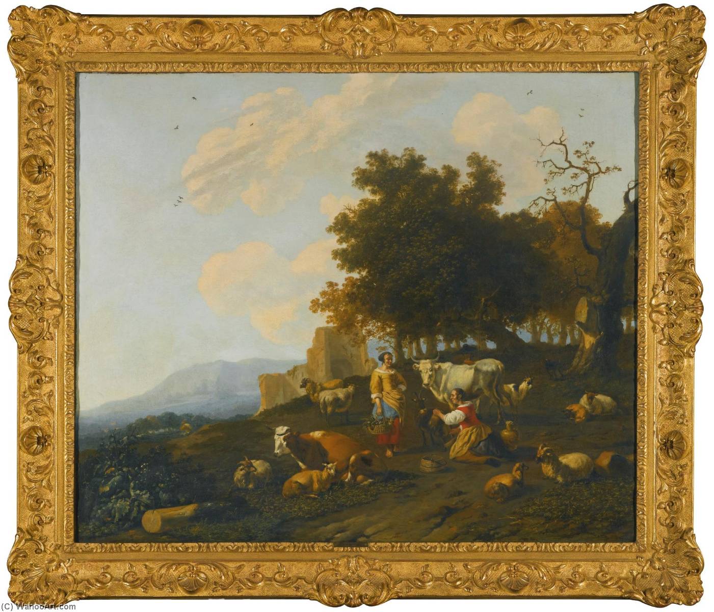 Wikioo.org - The Encyclopedia of Fine Arts - Painting, Artwork by Hendrik Mommers - Milkmaids milking cattle in a hilly landscape with ruins beyond