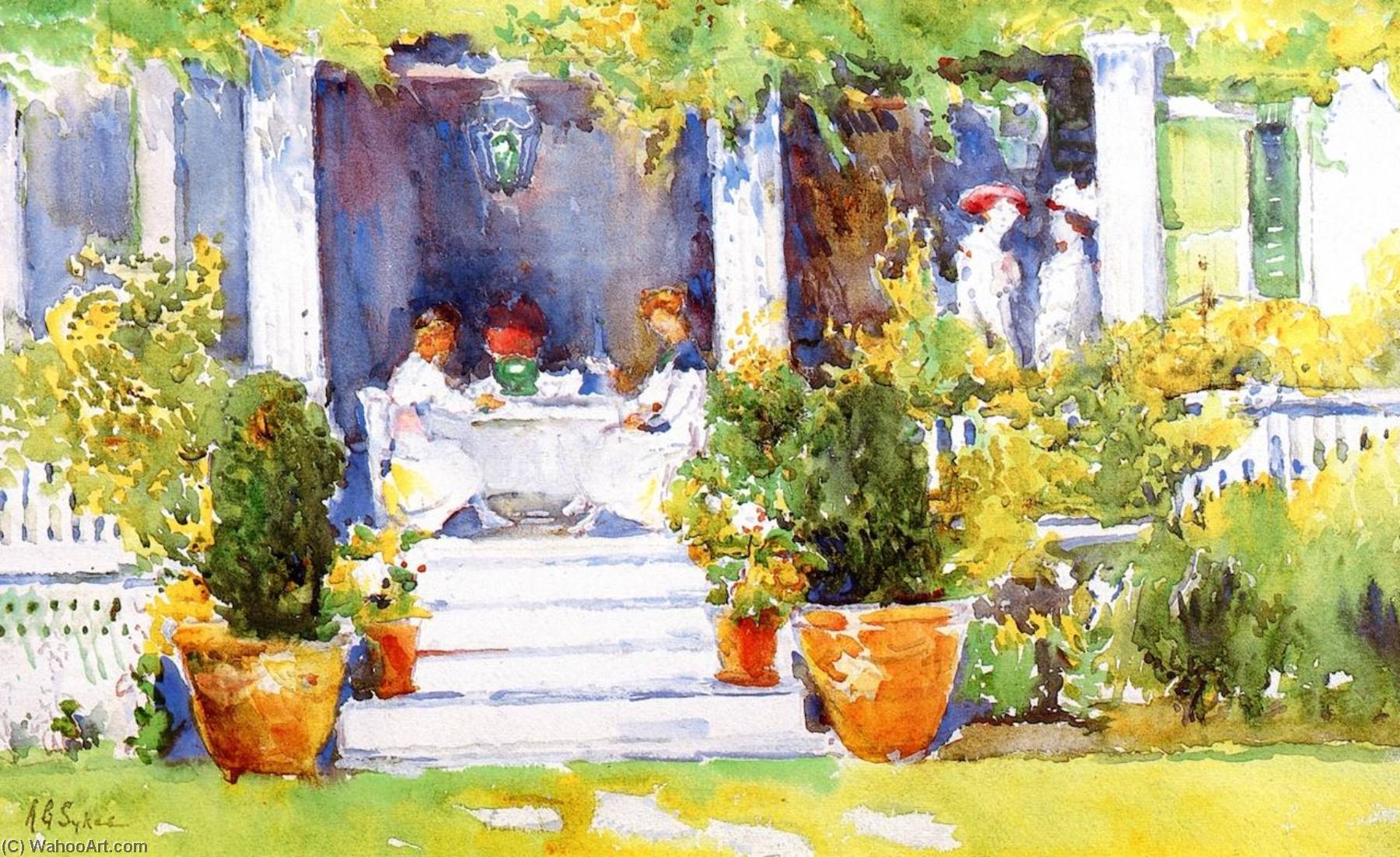 Wikioo.org - The Encyclopedia of Fine Arts - Painting, Artwork by Annie G Sykes - Lunch on the Porch, Vernon Place, Cincinnati