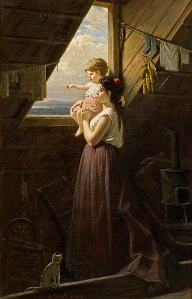 WikiOO.org – 美術百科全書 - 繪畫，作品 Anton Ebert - 母亲和儿童 通过  的  窗口