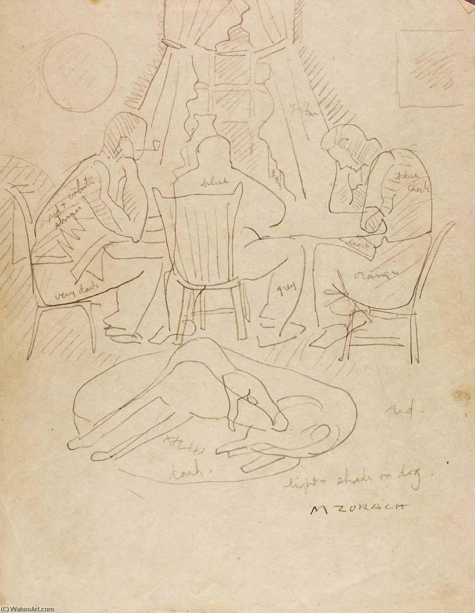 Wikioo.org - The Encyclopedia of Fine Arts - Painting, Artwork by Marguerite Zorach - (Group around Table, Dog on Rug)