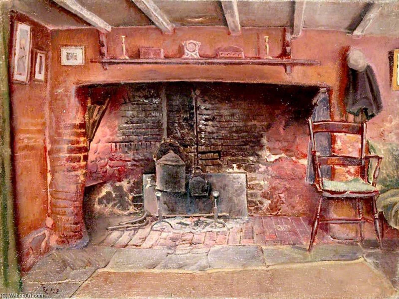 Wikioo.org - The Encyclopedia of Fine Arts - Painting, Artwork by Ernest C Christie - Fireplace in Cottage at Mayes Green, Surrey