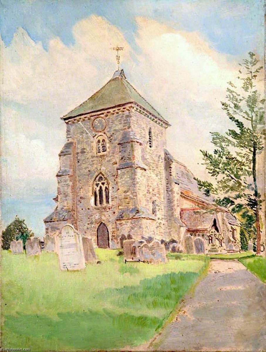 Wikioo.org - The Encyclopedia of Fine Arts - Painting, Artwork by Ernest C Christie - Exterior View of West End of Unidentified Church in East Surrey