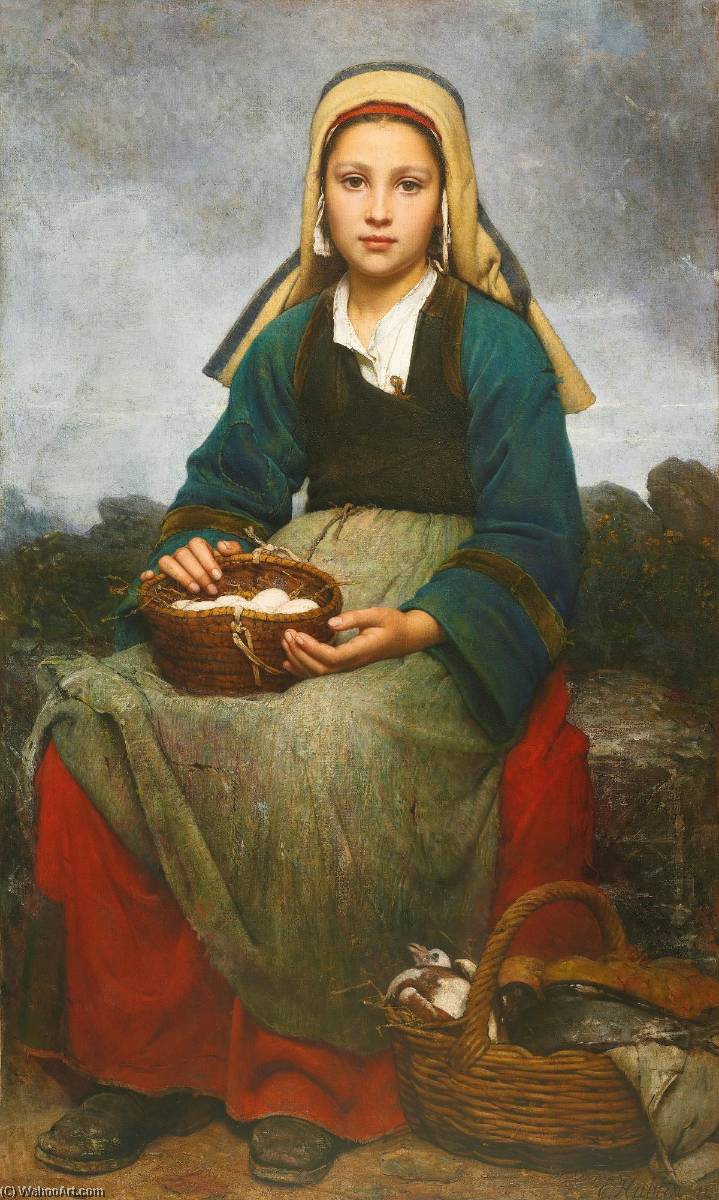 Wikioo.org - The Encyclopedia of Fine Arts - Painting, Artwork by Emile Auguste Hublin - A young girl holding a basket of eggs
