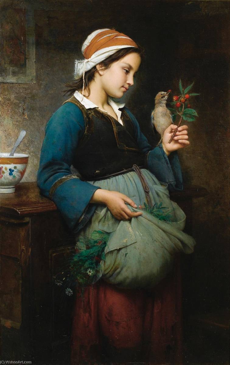 Wikioo.org - The Encyclopedia of Fine Arts - Painting, Artwork by Emile Auguste Hublin - Fillette à l'oiseau