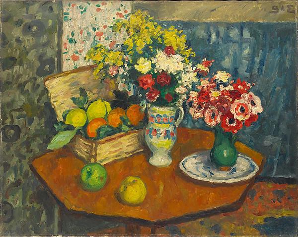 Wikioo.org - The Encyclopedia of Fine Arts - Painting, Artwork by Georges Despagnat - Basket of Fruit and Two Vases of Flowers