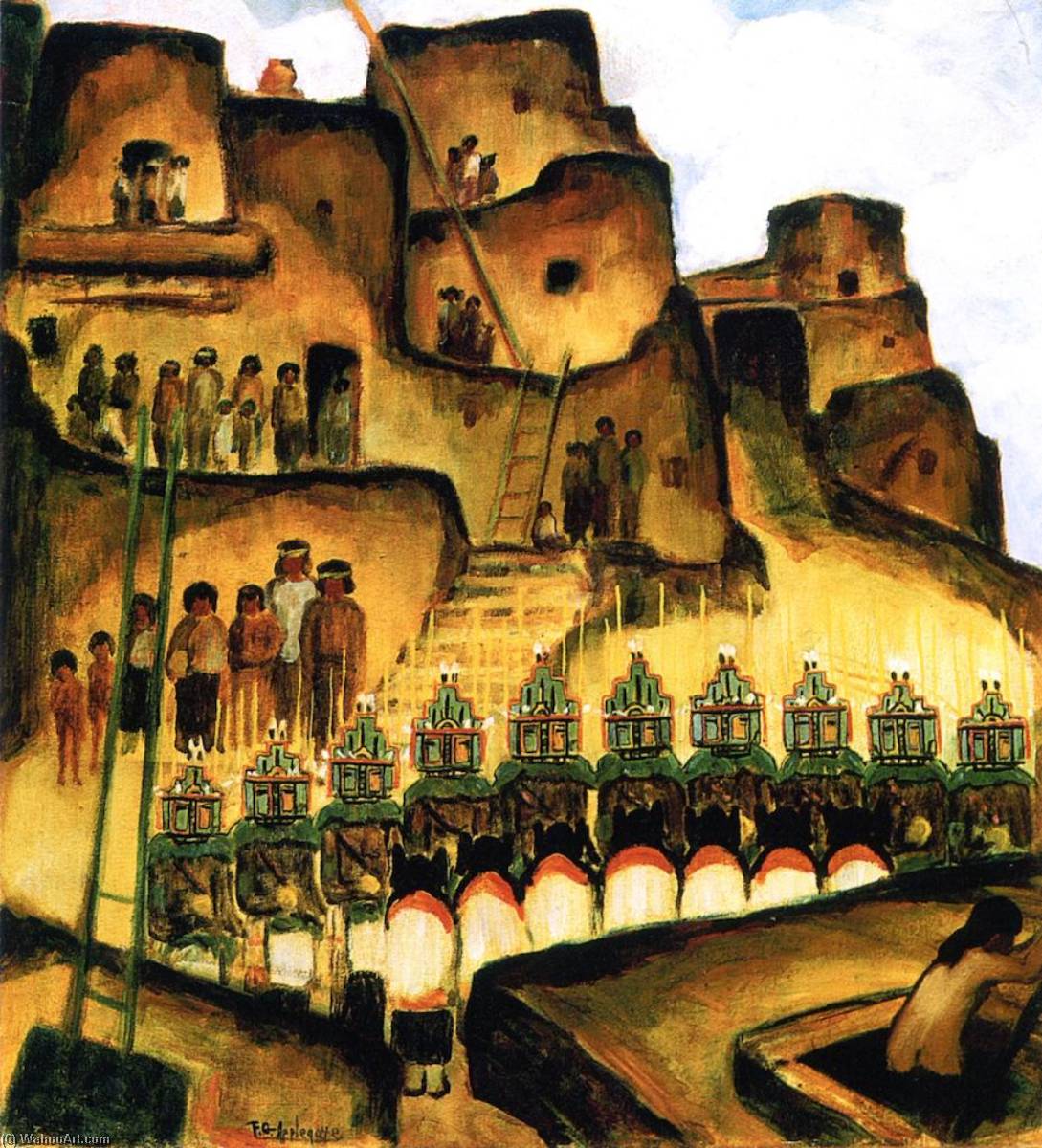 Wikioo.org - The Encyclopedia of Fine Arts - Painting, Artwork by Frank Applegate - Katchina Dance at Walpi (also known as Hopi Naman Katcina Dance at Walpi)