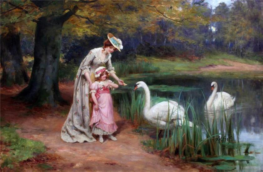 Wikioo.org - The Encyclopedia of Fine Arts - Painting, Artwork by George Sheridan Knowles - Feeding the Swans