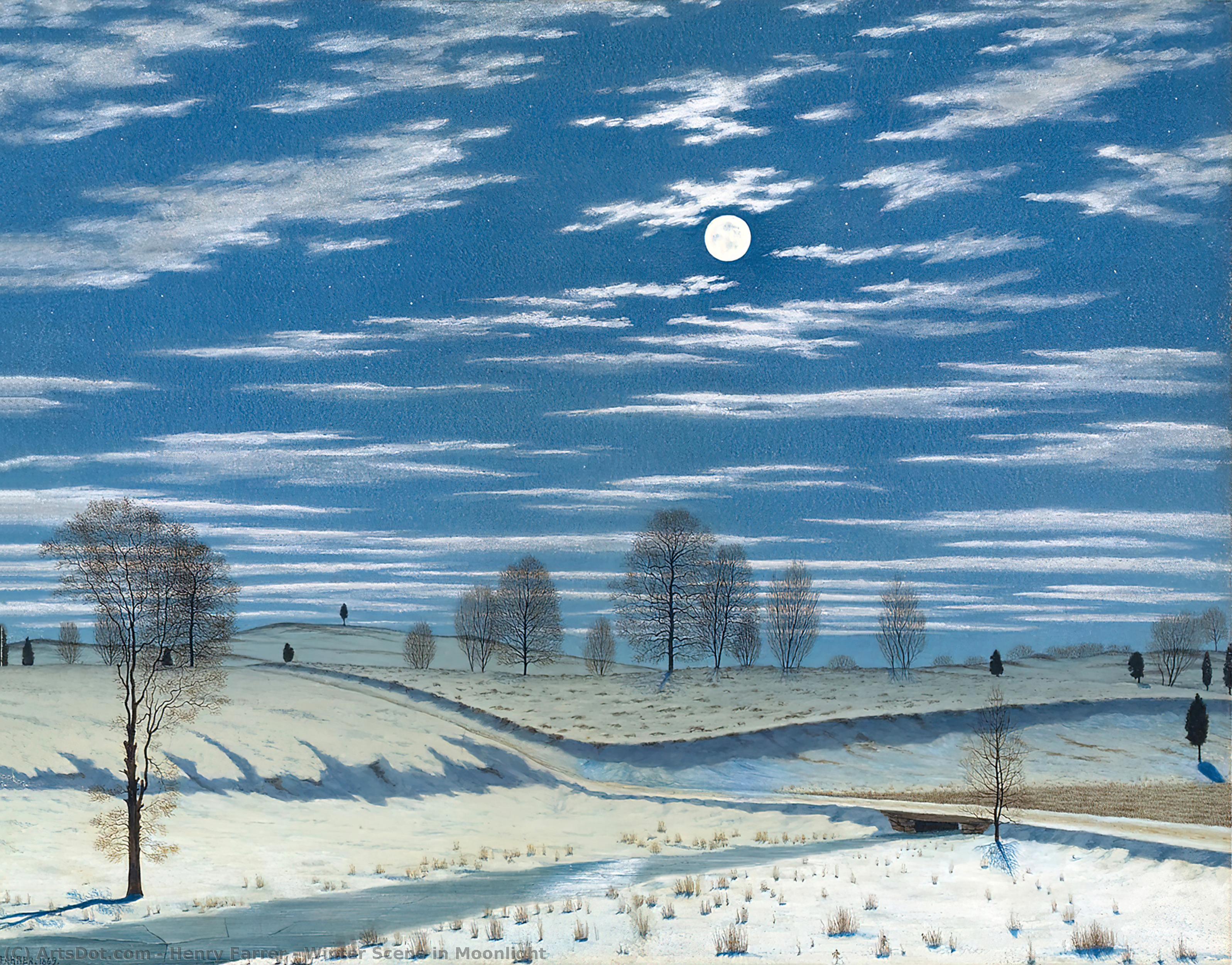 WikiOO.org - Encyclopedia of Fine Arts - Maleri, Artwork Henry Farrer - Winter Scene in Moonlight