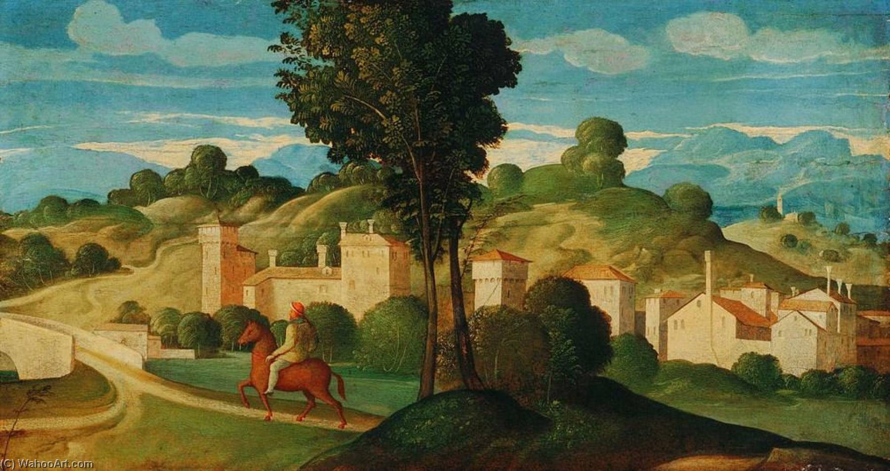 Wikioo.org – La Enciclopedia de las Bellas Artes - Pintura, Obras de arte de Girolamo Da Santacroce - Paisaje con jinete