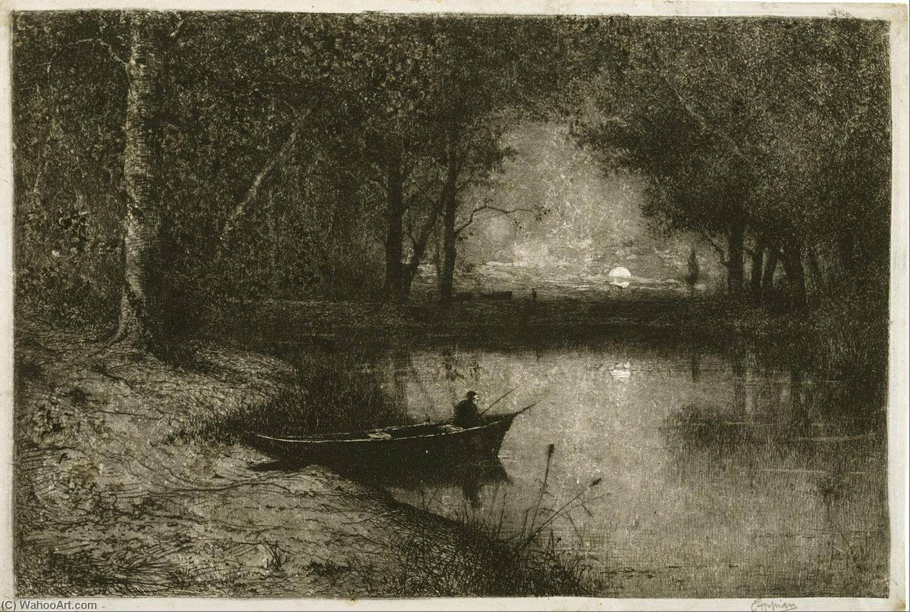 Wikioo.org – La Enciclopedia de las Bellas Artes - Pintura, Obras de arte de Jacques Barthélemy Appian - Pescador en un barco en el Borde un rio