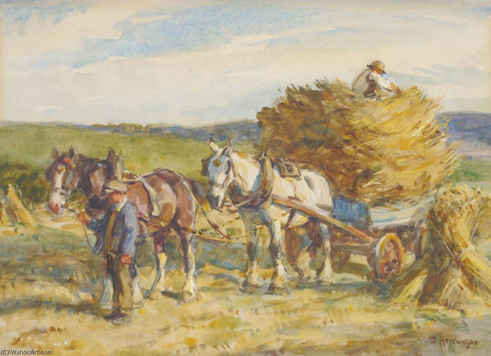 Wikioo.org - The Encyclopedia of Fine Arts - Painting, Artwork by John Atkinson Ii - Figures with Horses Pulling a Haycart
