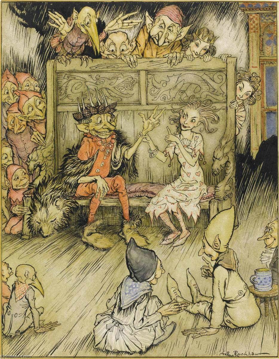 Wikioo.org - The Encyclopedia of Fine Arts - Painting, Artwork by Arthur Rackham - She took him by the wrist, and he laughed 'til he clucked