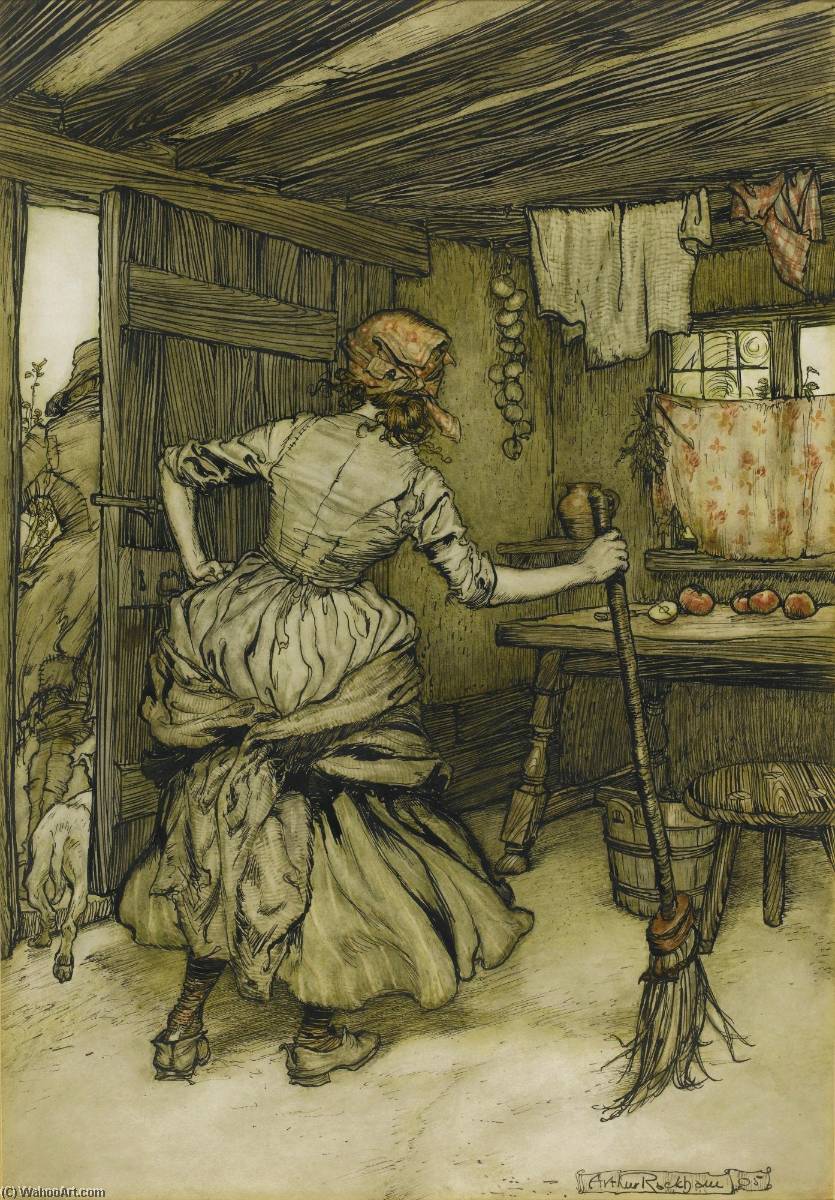 Wikioo.org - The Encyclopedia of Fine Arts - Painting, Artwork by Arthur Rackham - So that he was fain to draw off his forces and take to the outside of the house the only side which, in truth, belongs to a henpecked husband