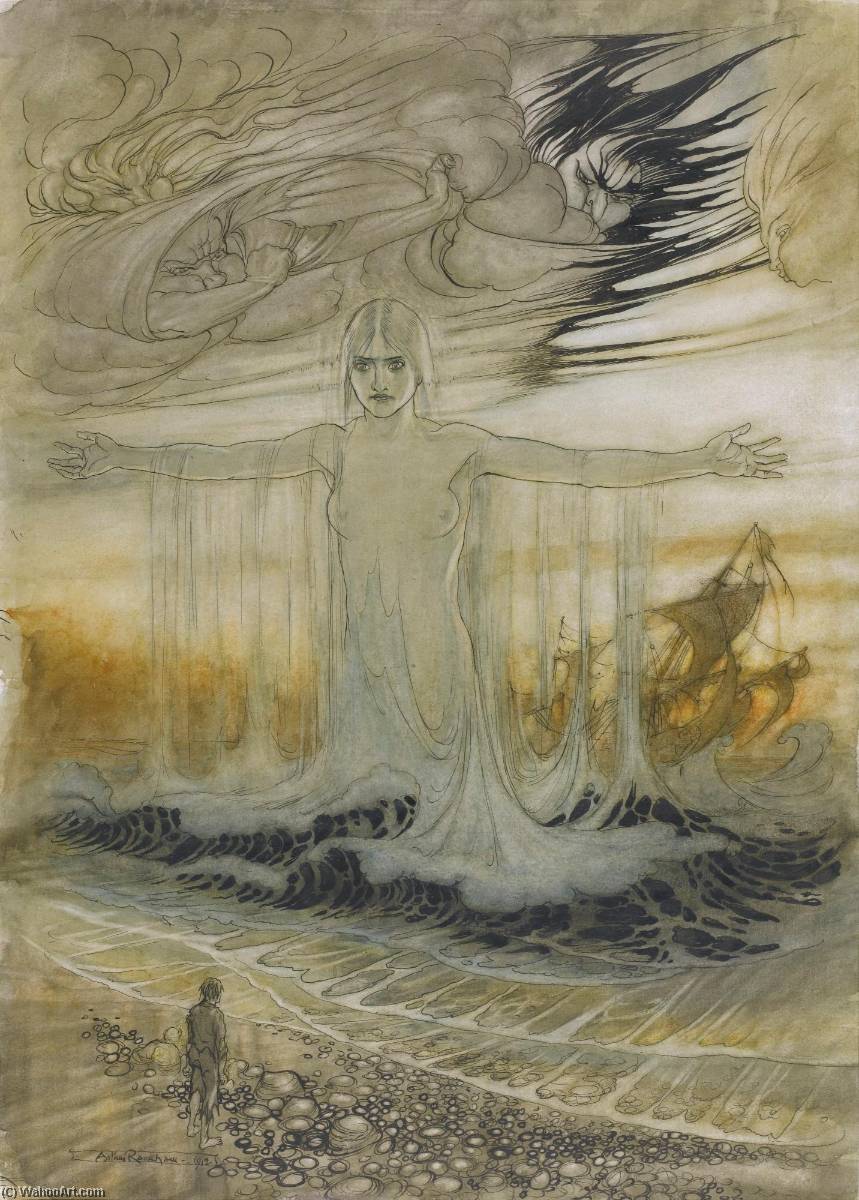 Wikoo.org - موسوعة الفنون الجميلة - اللوحة، العمل الفني Arthur Rackham - The Shipwrecked Man and the Sea