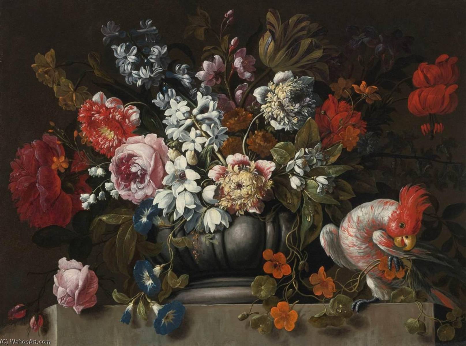 Wikioo.org - The Encyclopedia of Fine Arts - Painting, Artwork by Gaspar Peeter The Younger Verbruggen - Still Life of Flowers in a Stone Urn with a Parrot