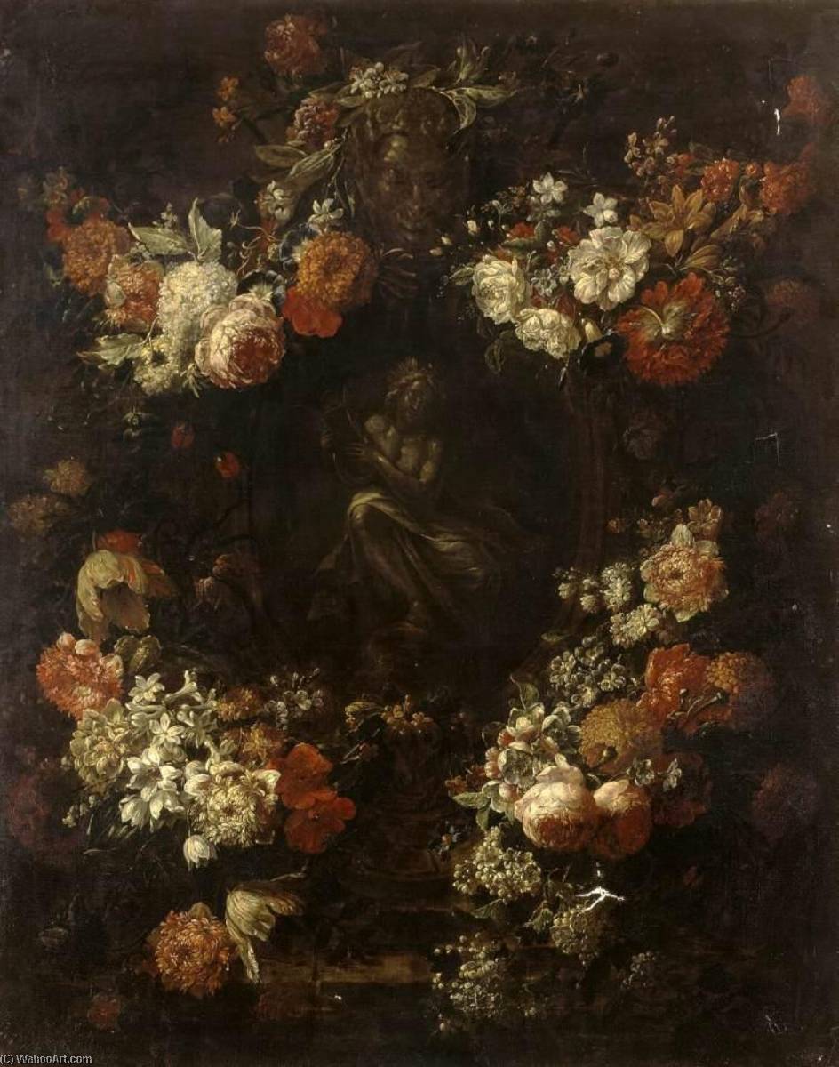 Wikioo.org - The Encyclopedia of Fine Arts - Painting, Artwork by Gaspar Peeter The Younger Verbruggen - Apollo the Kithara Player Framed with a Garland of Flowers