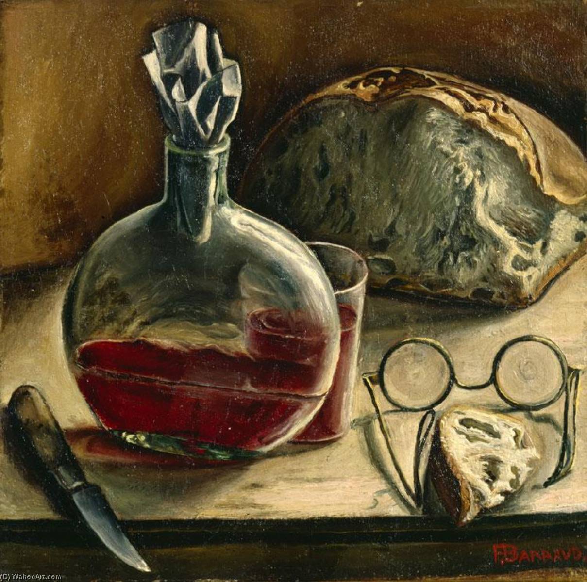 Wikioo.org - The Encyclopedia of Fine Arts - Painting, Artwork by François Emile Barraud - Français Nature morte avec carafe de vin, pain et lunettes