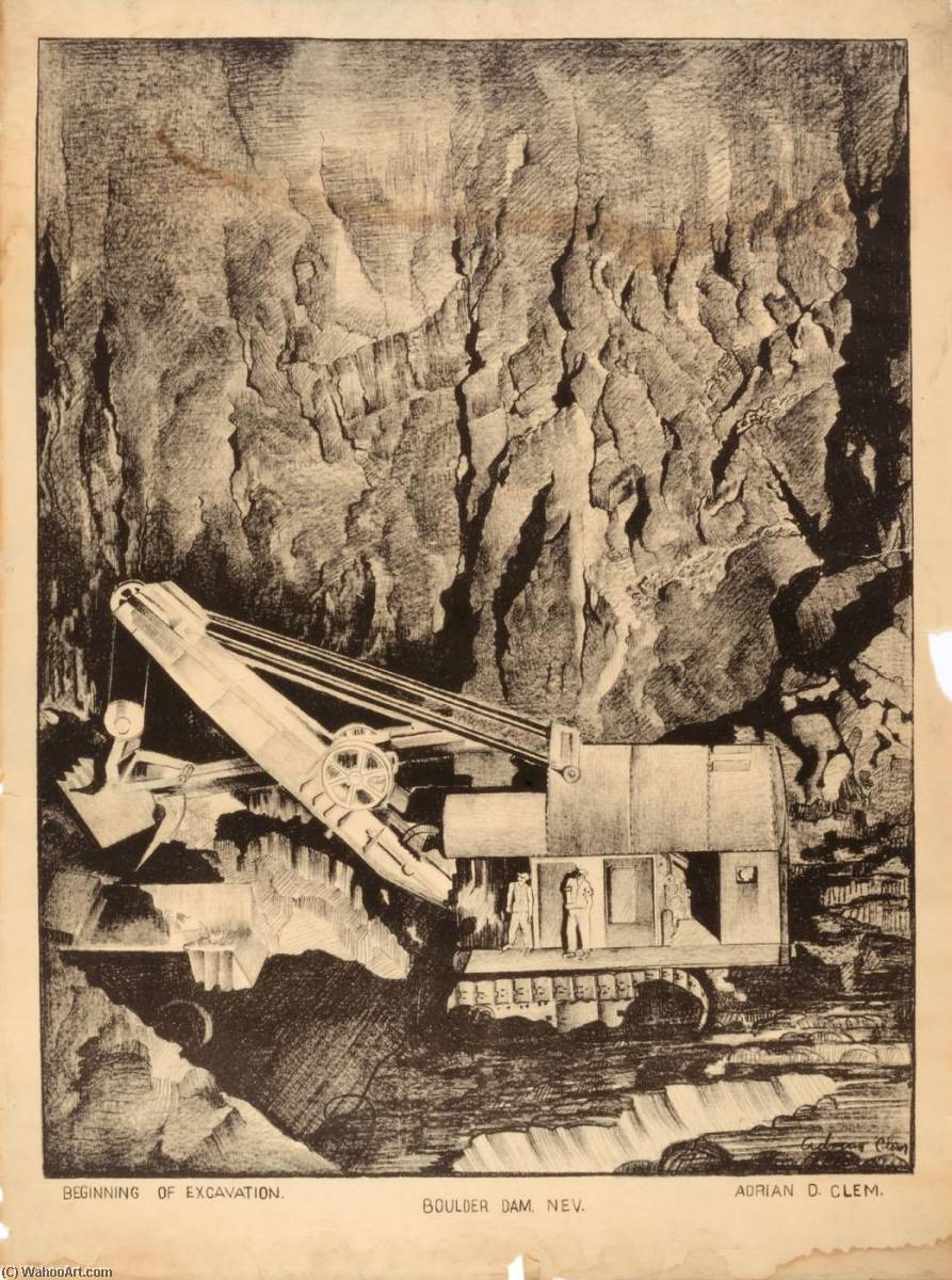 Wikioo.org - The Encyclopedia of Fine Arts - Painting, Artwork by Adrian D Clem - Beginning of Excavation. Boulder Dam. Nev