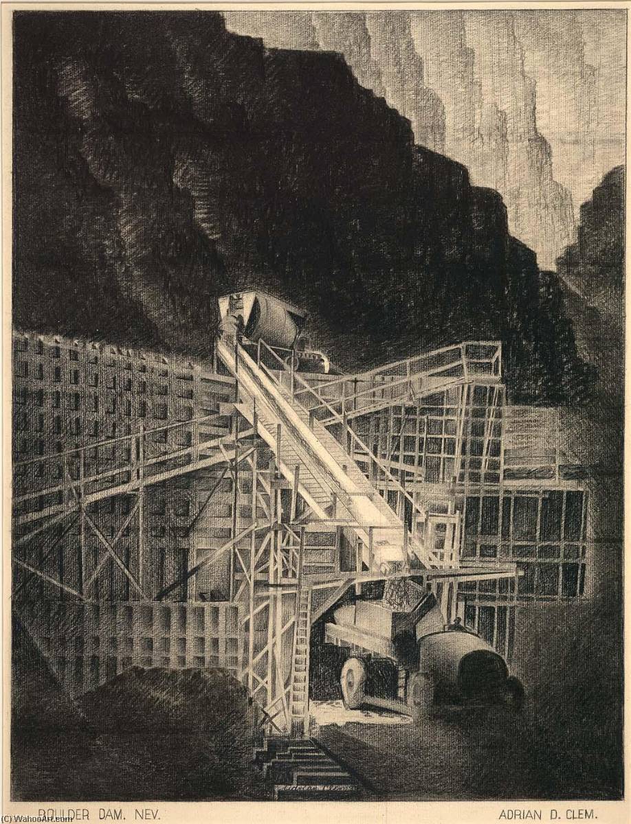 Wikioo.org - The Encyclopedia of Fine Arts - Painting, Artwork by Adrian D Clem - Loading Truck, Boulder Dam, Nevada
