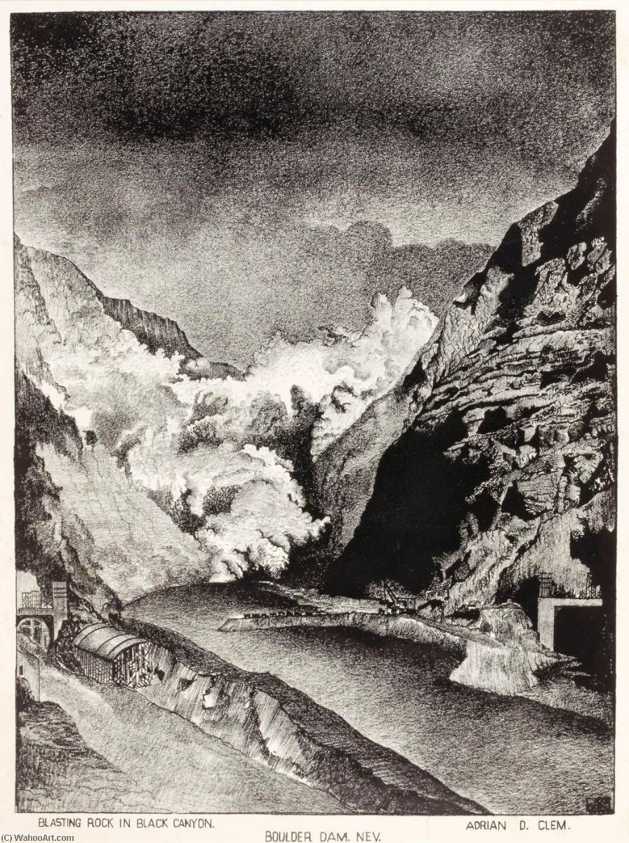 Wikioo.org – L'Enciclopedia delle Belle Arti - Pittura, Opere di Adrian D Clem - Brillamento Roccia in nero Canyon , Ciottolo Diga , Il nevada