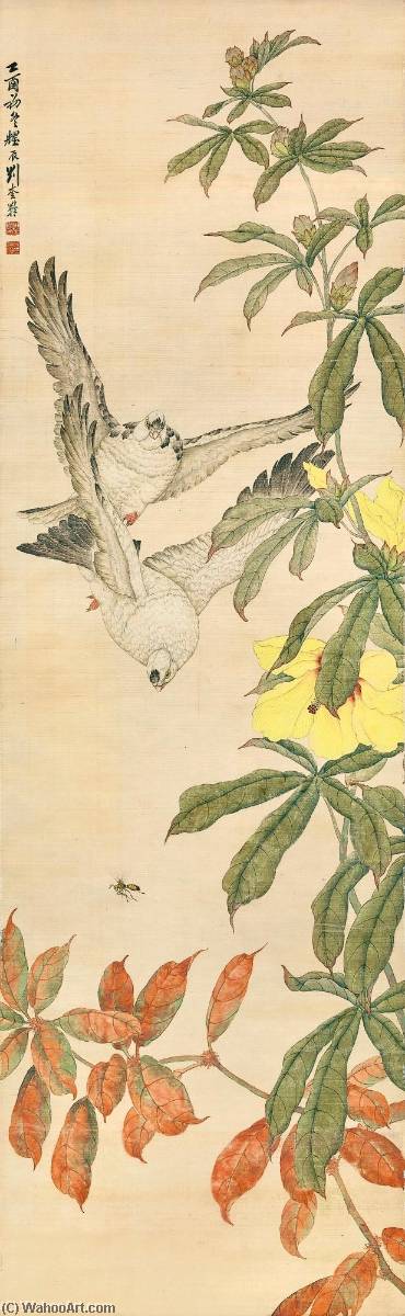 Wikioo.org - The Encyclopedia of Fine Arts - Painting, Artwork by Liu Kuiling - Pigeons by the Blossoms