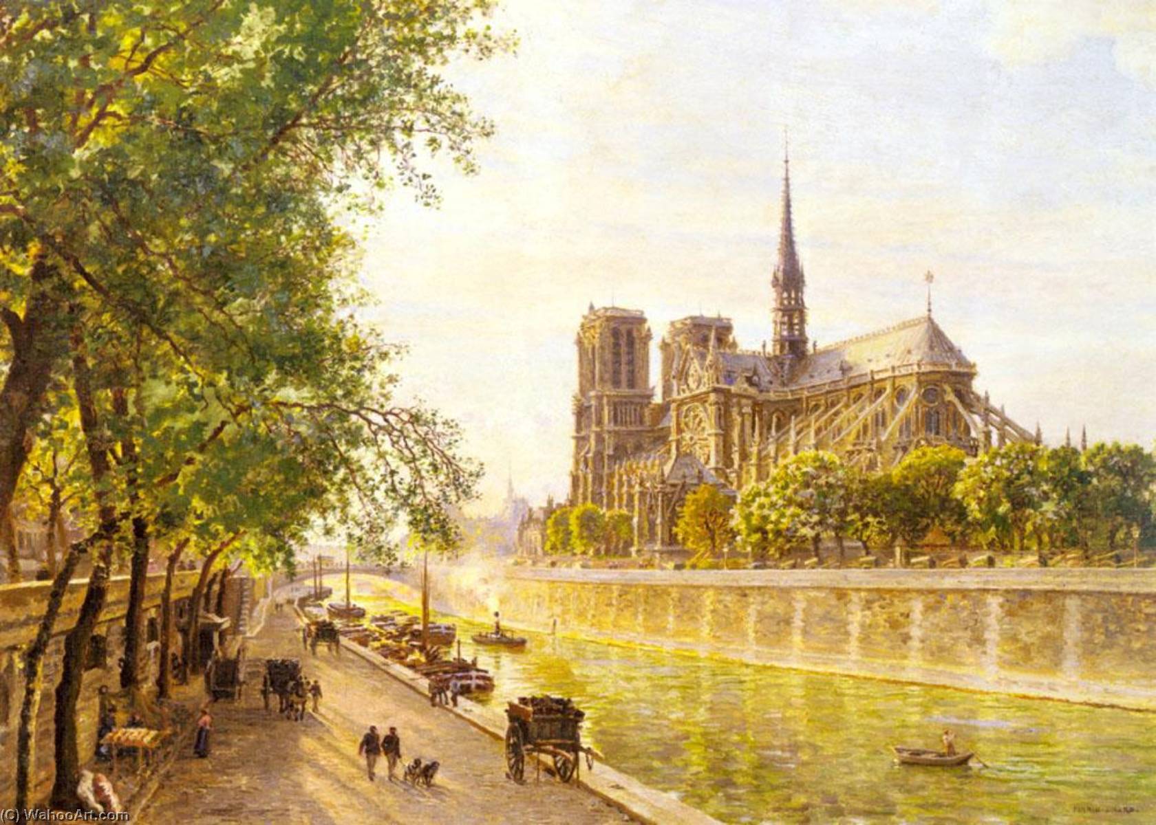 Wikioo.org - The Encyclopedia of Fine Arts - Painting, Artwork by Marie Francois Firmin-Girard - L'lle de la Cite and the Cathedral of Notre Dame, Paris as seem from Quai Montebello