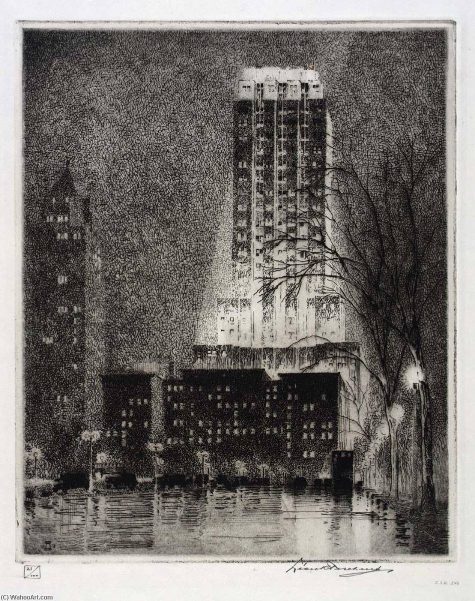 Wikioo.org - The Encyclopedia of Fine Arts - Painting, Artwork by Leon R Pescheret - Palmolive Building, Chicago A Rainy Night