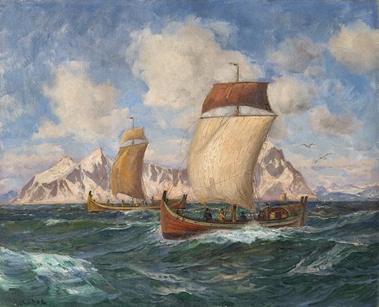 Wikioo.org - The Encyclopedia of Fine Arts - Painting, Artwork by Thorolf Holmboe - Longboats in a Fresh Breeze