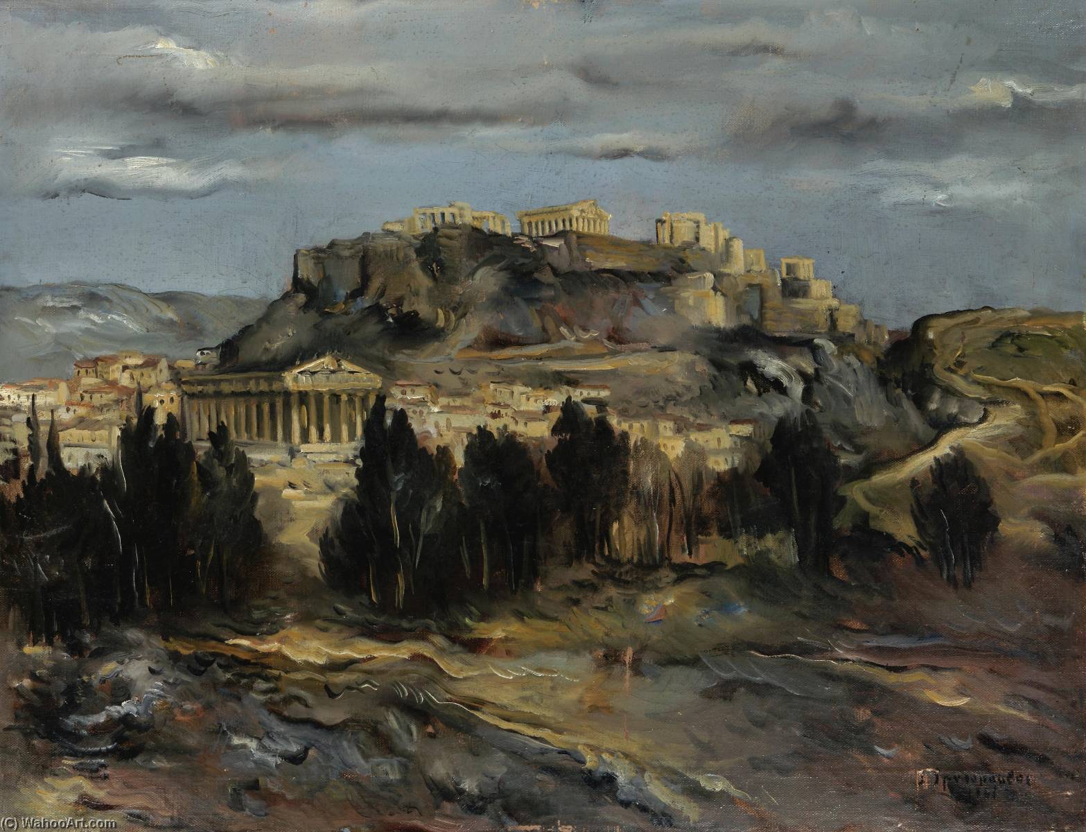 Wikioo.org - The Encyclopedia of Fine Arts - Painting, Artwork by Yannis Spyropoulos - The Acropolis and Temple of Hephaestus