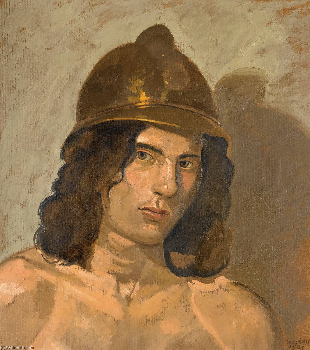 Wikioo.org - The Encyclopedia of Fine Arts - Painting, Artwork by Yiannis Tsaroychis - Young man with helmet (Portrait of Alain)