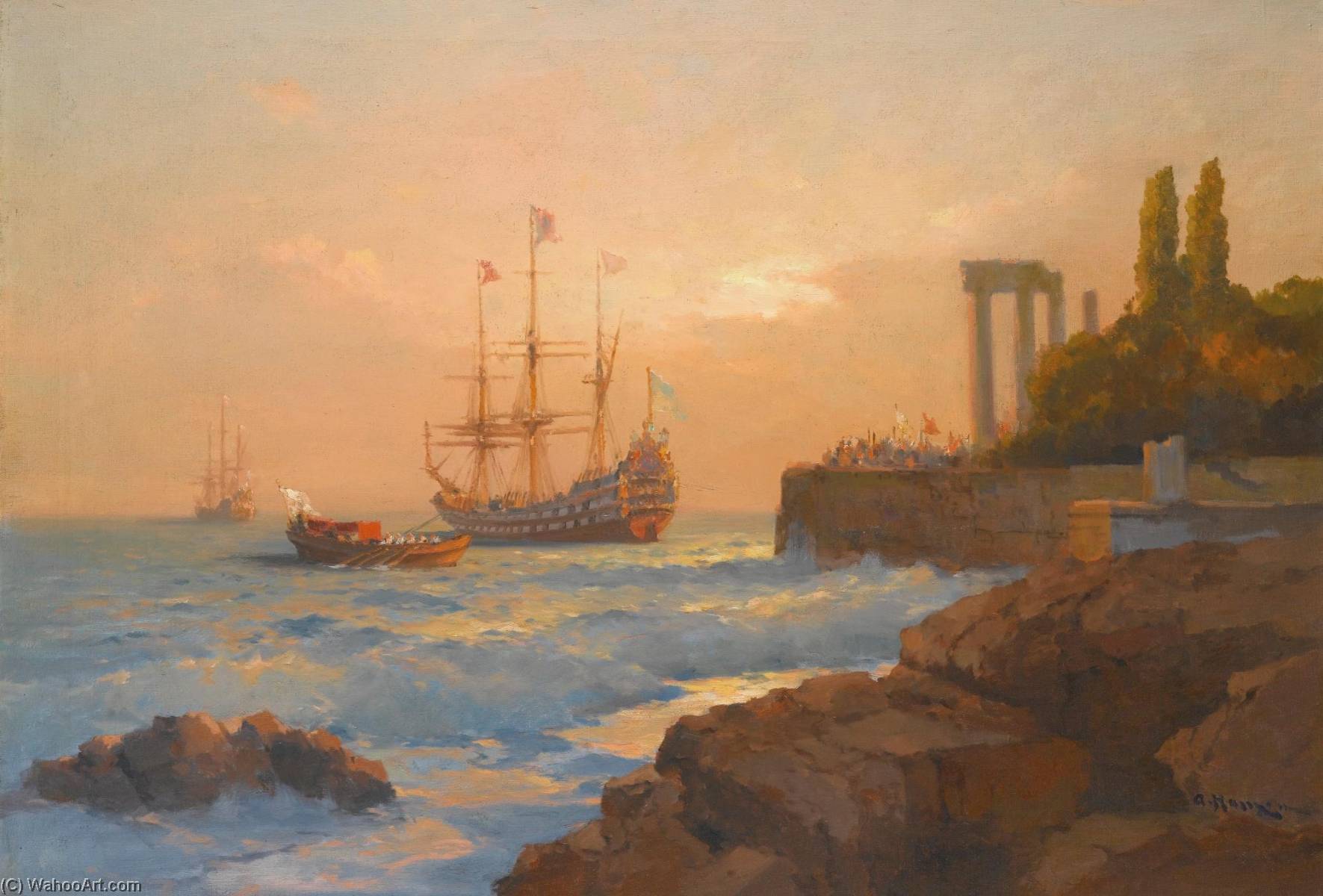 Wikioo.org - The Encyclopedia of Fine Arts - Painting, Artwork by Alexei Vasilievich Hanzen - Triumphant Ship Approaching the Harbour