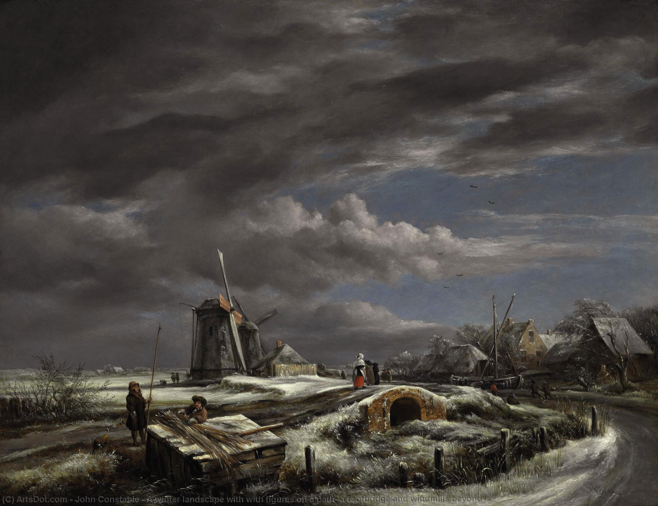 WikiOO.org - 백과 사전 - 회화, 삽화 John Constable - A winter landscape with with figures on a path, a footbridge and windmills beyond
