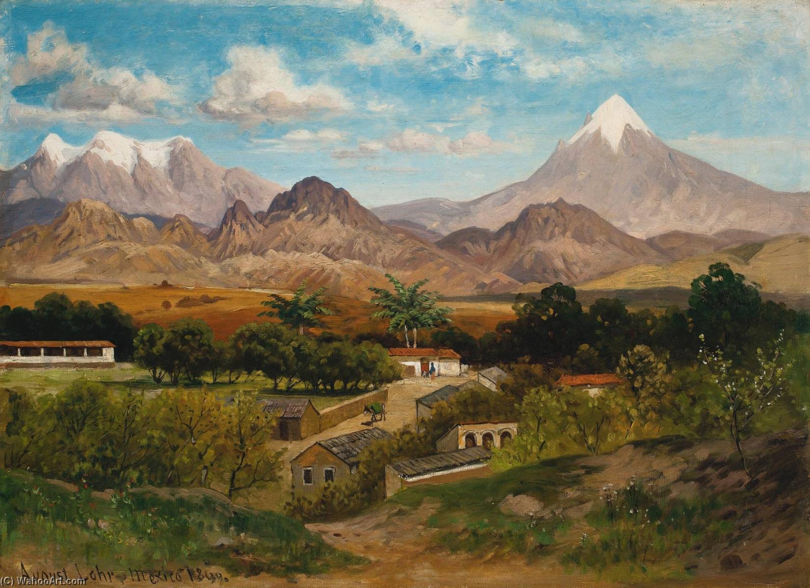 Wikioo.org - The Encyclopedia of Fine Arts - Painting, Artwork by August Lohr - Vista de Cuernavaca con los Volcanes PopocatÉpetl e Iztaccíhuatl