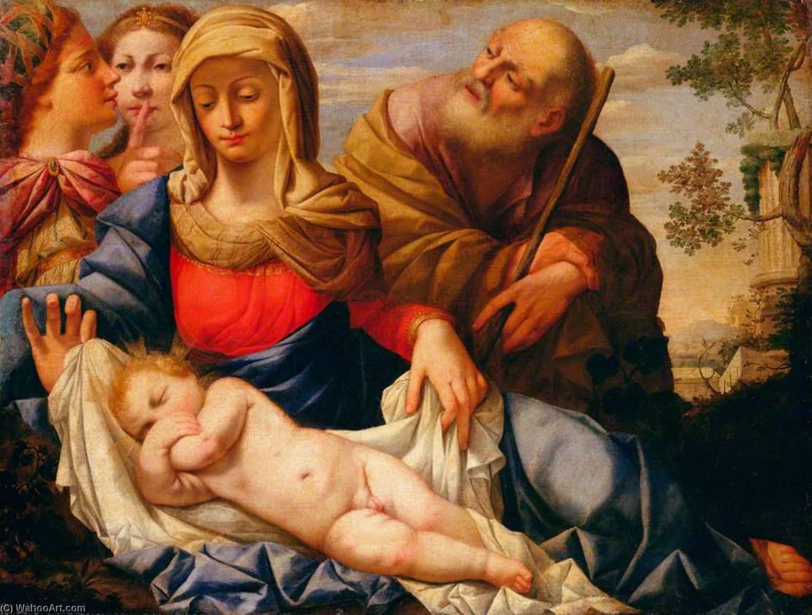Wikioo.org - The Encyclopedia of Fine Arts - Painting, Artwork by Giovanni Salvi Da Sassoferrato - The Holy Family with Two Female Figures