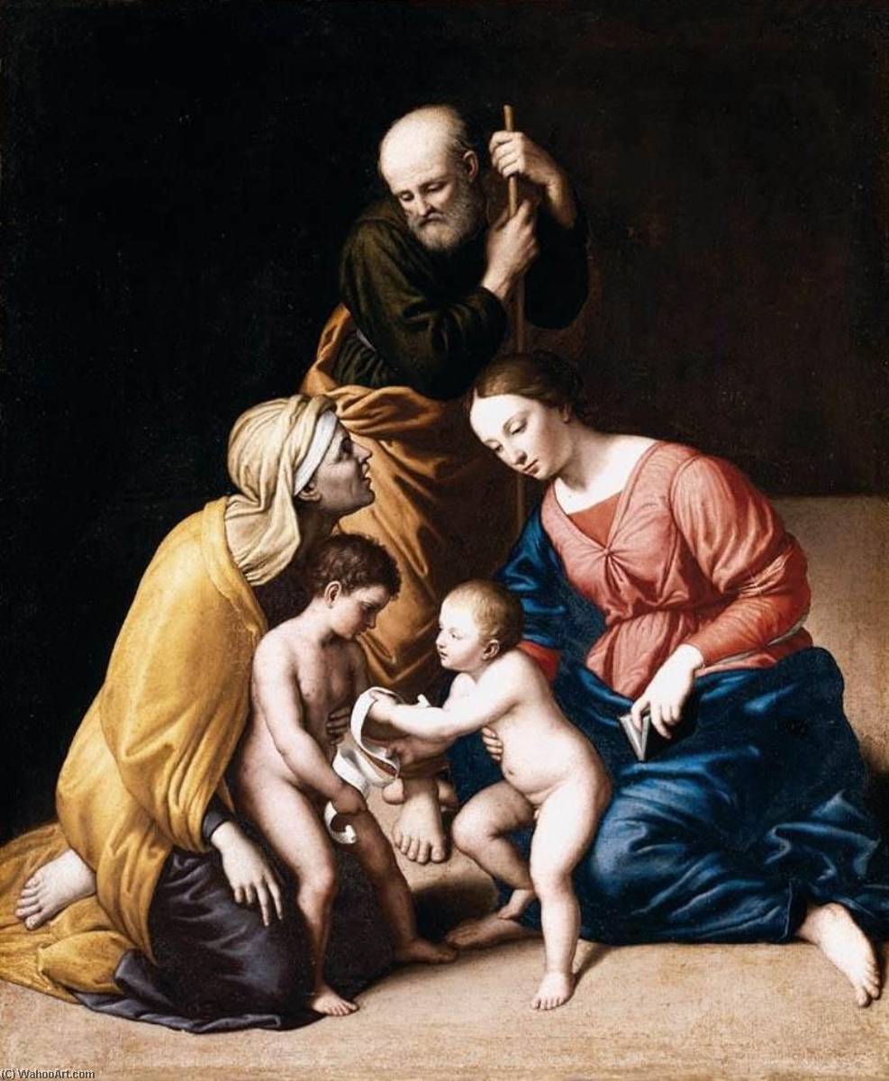 Wikioo.org - The Encyclopedia of Fine Arts - Painting, Artwork by Giovanni Salvi Da Sassoferrato - The Holy Family with Saints John the Baptist and Elizabeth (after Raphael)