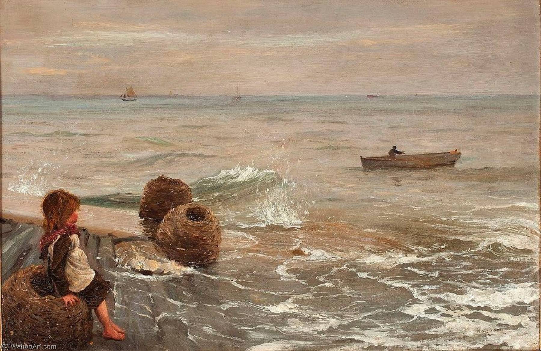 Wikioo.org - The Encyclopedia of Fine Arts - Painting, Artwork by August Wilhelm Nikolaus Hagborg - Girl by the Sea